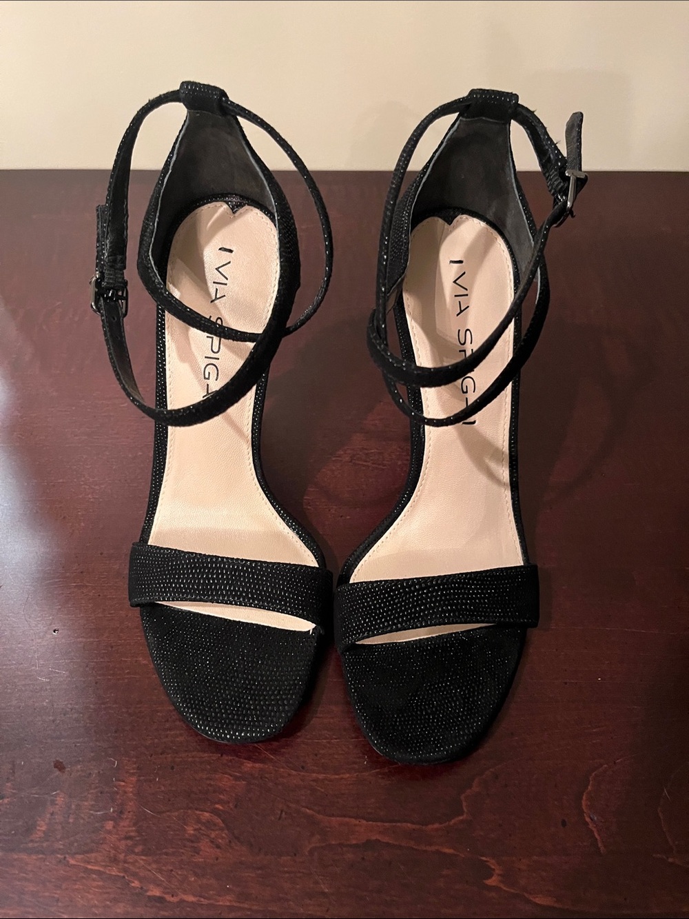 Never worn!! Via Spiga Black Glitter Ankle-Strap Heels